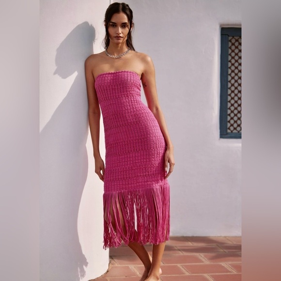 Anthropologie Dresses & Skirts - NWT! Celandine Strapless Crochet Fringe-Trim Knit Dress in Raspberry ☀️